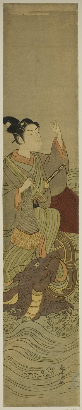 Ung man rider på en jättesköldpadda (parodi på Urashima Taro) av Suzuki Harunobu