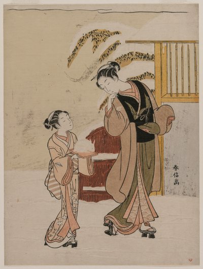 Ung kvinna som beundrar en snökanin av Suzuki Harunobu