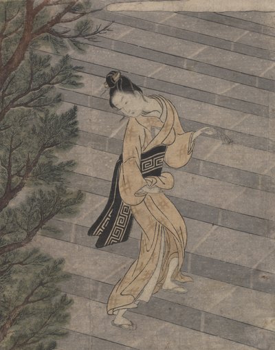 Ung kvinna som klättrar i stentrappor till ett Shinto-tempel (träblocktryck) av Suzuki Harunobu