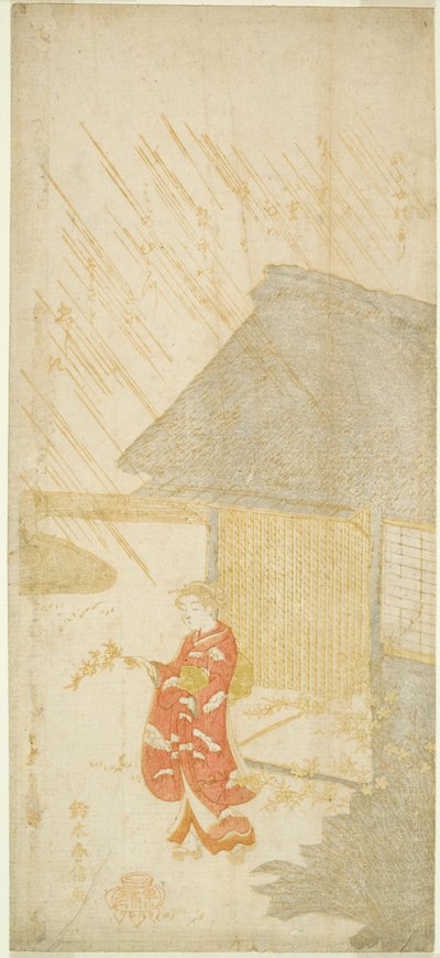 Ung kvinna som håller en Kerria-gren (parodi på Ota Dokan) av Suzuki Harunobu