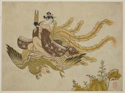 Ung kvinna som rider en Phoenix av Suzuki Harunobu
