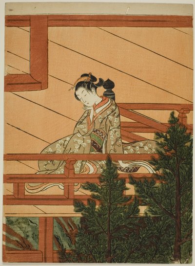 Ung kvinna sitter på balkongen till Kiyomizu-templet av Suzuki Harunobu