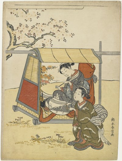 Ung kvinna som tittar på körsbärsblommor som Mitate av Lady Nakanokimi, ca 1767 av Suzuki Harunobu