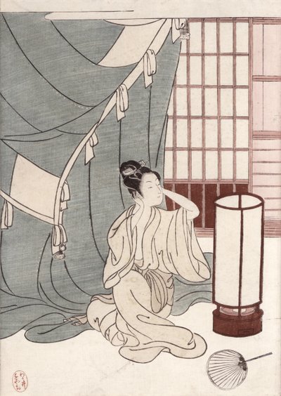 Ung kvinna på knä vid sitt myggnät, 1766 (trätryck i färg) av Suzuki Harunobu