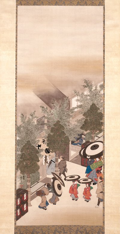 Yoshiwara And Shinagawa (bläck, färg och guld på siden) av Suzuki Kiitsu
