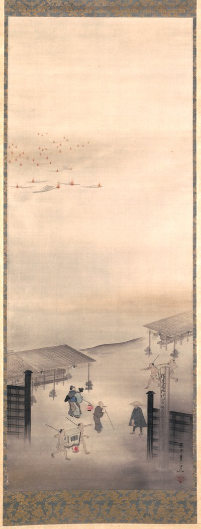 Yoshiwara och Shinagawa, Edo Period (bläck, färg & guld på siden) av Suzuki Kiitsu