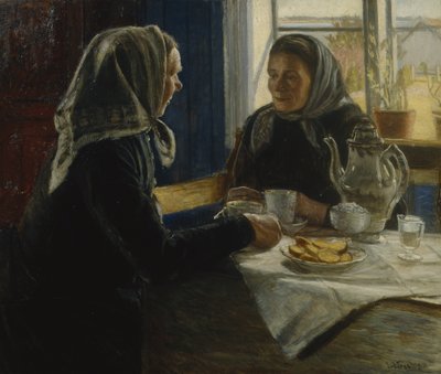Två kvinnor som dricker kaffe (olja på duk) av Sven Jorgensen