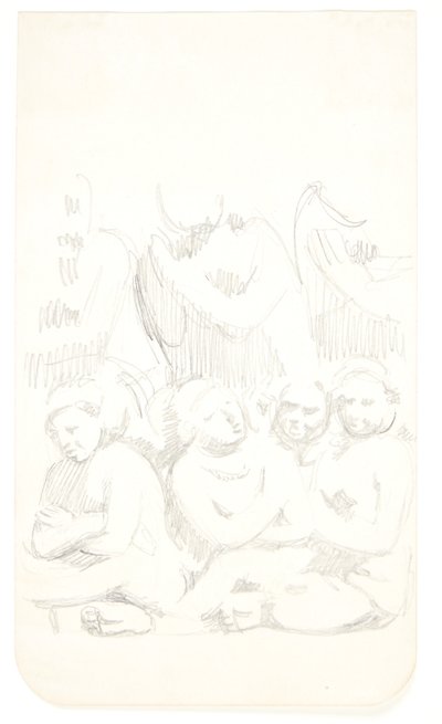 Grupp av sittande figurer med korsade armar i förgrunden. Studieblad efter reliefer i Borobudur, Java. av Svend Rathsack