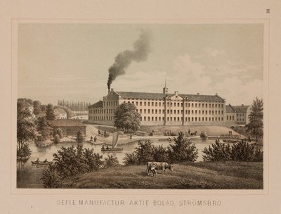 Bomullsbruk, Strömsbro, Sverige, ca 1840 (färg litho) av Swedish School