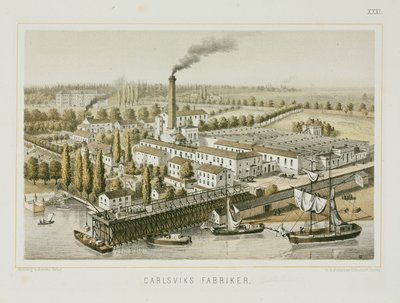 Textilfabrik, Carlsviks, Stockholm, Sverige, ca 1840 (färg litho) av Swedish School