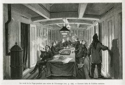 La Vegas torg, under en vinterkväll, och besättningens aktiviteter: läsning, schack och backgammonspel, samt likörprovning. Gravyr från den svenska upplagan, för att illustrera historien "" Voyage de la Vega runt Asien och Europa", av Ni av Swedish School