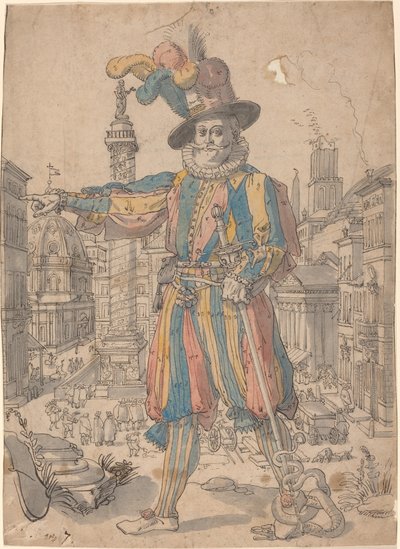Giovanni Grosso från de schweiziska vakterna står framför en utsikt över Rom av Swiss 17th Century after Francesco Villamena
