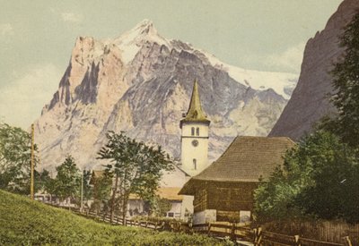 Berner Oberland: Grindelwald med kyrka (färgad bild) av Swiss Photographer