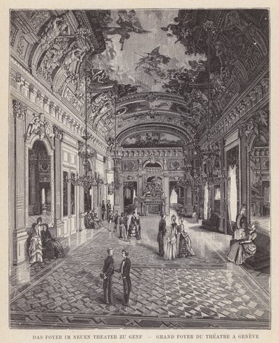 Foajén i New Theatre i Genève, Grand Foyer du Theatre a Geneve (gravyr) av Swiss School