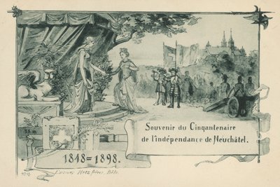 Femtioårsjubileum av Neuchatel utropade sig själv som republik inom Schweiziska edsförbundet 1848 (litho) av Swiss School