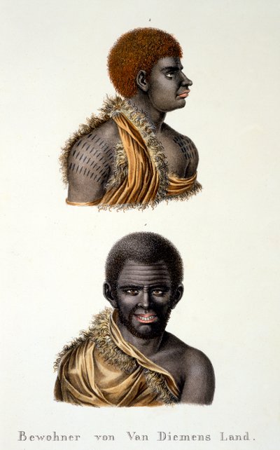 Infödda i Van Diemans Land, dvs. Tasmanien, från Etnologisk studie av olika rastyper från olika kontinenter, av C.I. Brodtmann, 1824 av Swiss School