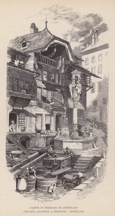Del i Freiburg im Uechtland, En gammal gata i Freiburg, Uechtland (gravyr) av Swiss School