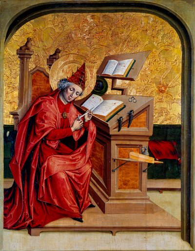 Porträtt av Saint Gregoire den store eller den store (540-604) Påve från 590 till 604 Målning av den schweiziska skolan på 1400-talet Dijon, Museum of Fine Arts av Swiss School