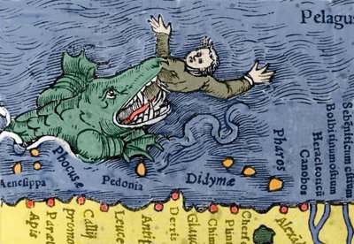Havsmonster äter en människa, illustration från "Historia Animalium" av Conrad Gesner av Swiss School