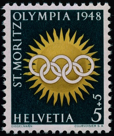 Frimärke till minne av de olympiska vinterspelen 1948 av Swiss School
