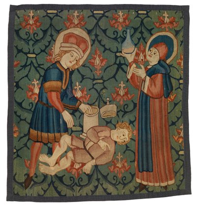 Gobelängfragment föreställande St Cosmas och St Damian av Swiss School