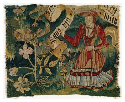 Gobelängfragment som föreställer träd och kvinna som håller rulla (ull) av Swiss School