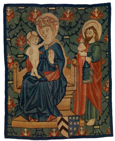 Gobelängfragment föreställande Jungfrun och barnet med St James av Swiss School