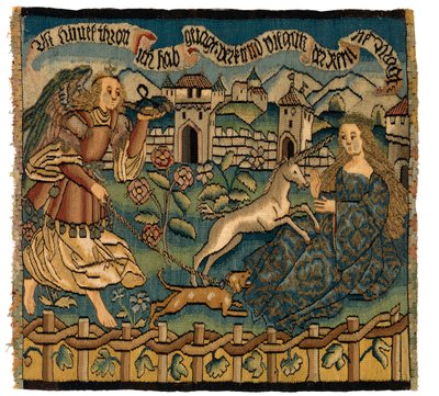 Tapestrypanel som visar Enhörningens jakt av Swiss School