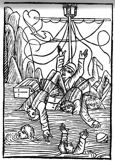 Legenden om Saint Brendan (Brandan), Heros och Irish Saint of the 6th century Skepp sjunker i Cleves Sea. Gravyr av "" Die Wunderbare Meerfahrt des Hl. Brandan.” Bal av Swiss School