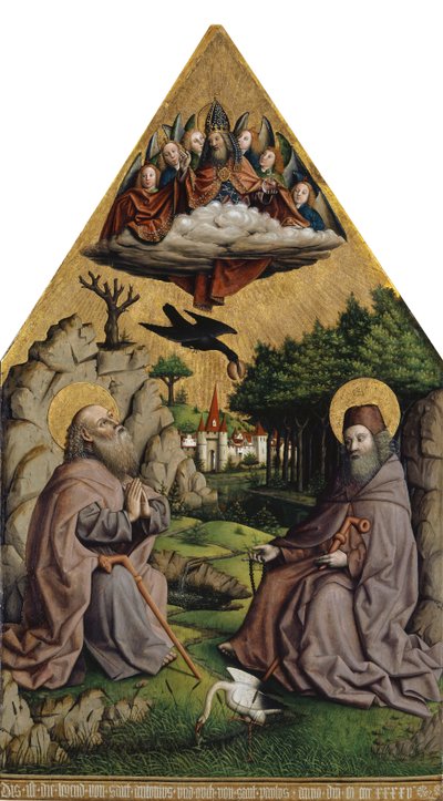 Den mirakuløse fodring af Saint Anthony og Saint Paul Eremiten (blandet medier på træ) swed av Swiss School