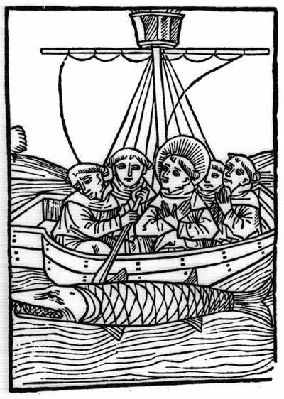 Legenden om Saint Brendan (Brandan), hjältar och irländskt helgon från 600-talet: Mötet med jättefisken Isconius. Gravyr av "" Die Wunderbare Meerfahrt des Hl. Brandan.” Bal av Swiss School