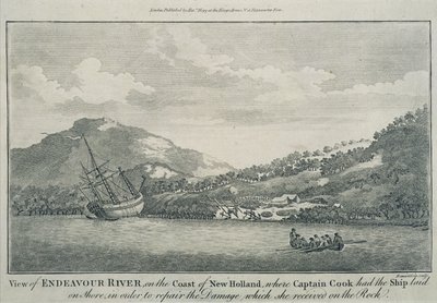 Kapten Cook, efter att ha blivit skeppsbruten på sin resa runt jorden, har Endeavour reparerad i en hamn på en av Hope Islands, ca 1786 (gravyr) av Sydney (after) Parkinson