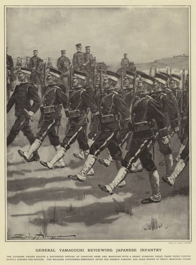 General Yamaguchi granskar japanskt infanteri av Sydney Adamson