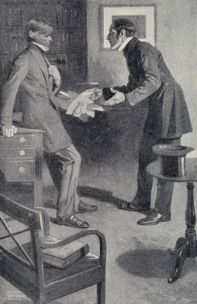John Stuart Mill ger sin vän Thomas Carlyle den hemska nyheten att en oförsiktig flicka har bränt hans manuskript (litografi) av Sydney C Lucas