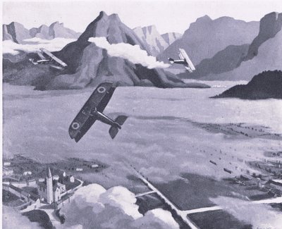 Brittiska scouter som lämnar sin flygplats på patrull över Asiago Plateau, Italien, från British Adventure publicerat av Collins, 1947 av Sydney Carline