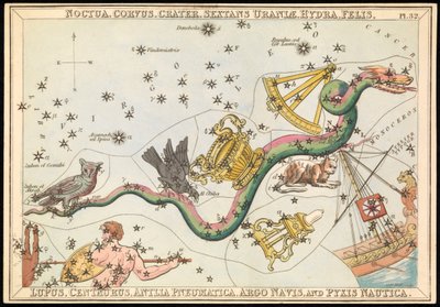 Noctua, Corvus, Crater, Sextans Uraniae, Hydra, Felis, Lupus, Centaurus, Antilia Pnuematica, Argo Navis och Pysix Nautica, ca 1825 (kort, papper, vävnad) av Sydney Hall