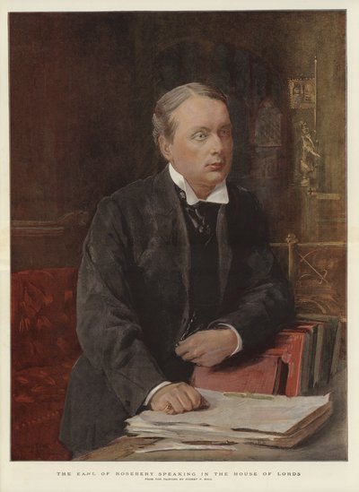 The Earl of Rosebery talar i House of Lords (färg litho) av Sydney Prior (after) Hall