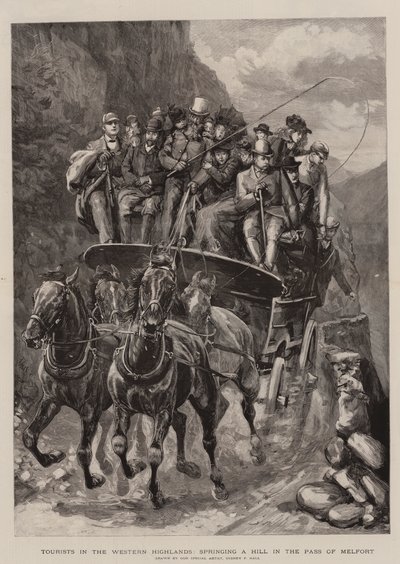 Turister i det västra höglandet, springer en kulle i passet Melfort (gravyr) av Sydney Prior (after) Hall