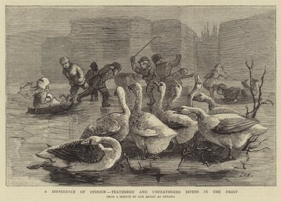En åsiktsskillnad, fjäderbefjädrade och obefjädrade Bipeds in the Frost av Sydney Prior Hall