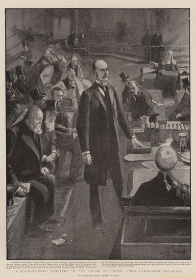 En hårt arbetande minister i överhuset, Lord Lansdowne talar av Sydney Prior Hall