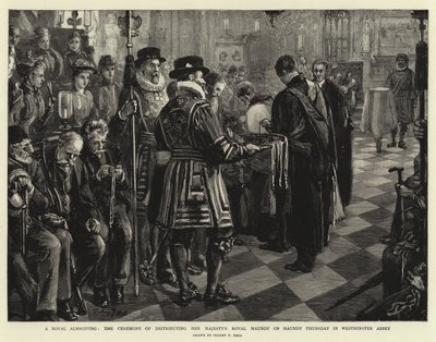 En kunglig allmosa, ceremonin för utdelning av Hennes Majestäts kungliga skärtorsdag på skärtorsdagen i Westminster Abbey av Sydney Prior Hall