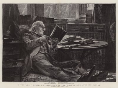 A Temple of Peace, Mr Gladstone i biblioteket på Hawarden Castle av Sydney Prior Hall