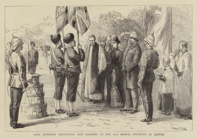 Lady Dufferin presenterar nya färger för det 18:e bengaliska infanteriet i Alipur av Sydney Prior Hall