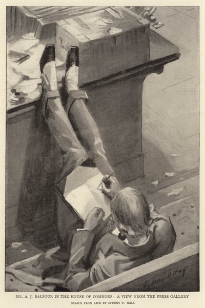 A J Balfour i underhuset, en vy från pressgalleriet av Sydney Prior Hall