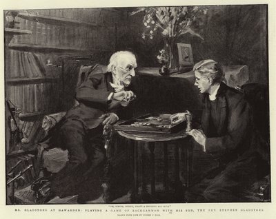 Mr Gladstone på Hawarden, spelar ett spel backgammon med sin son, pastor Stephen Gladstone av Sydney Prior Hall