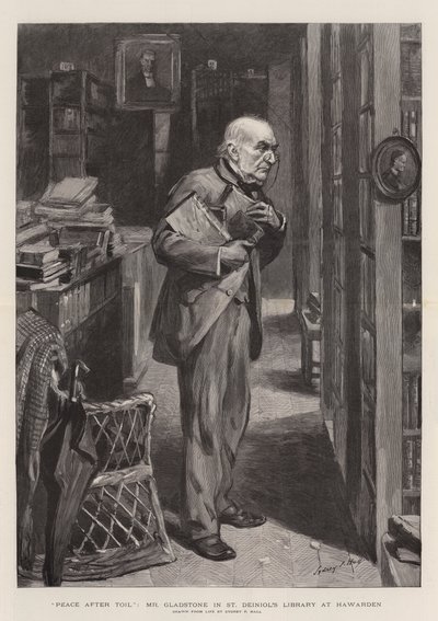 Fred efter slit, herr Gladstone i St Deiniols bibliotek i Hawarden av Sydney Prior Hall