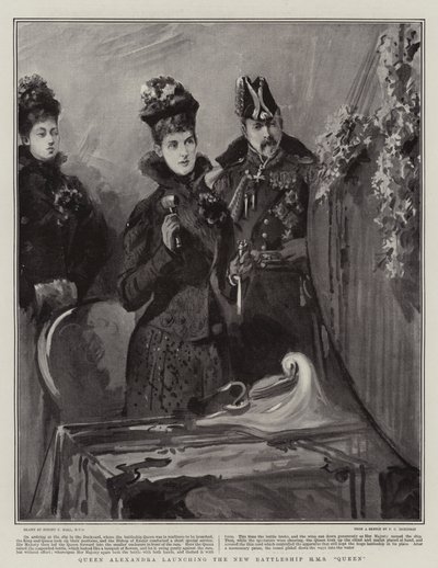 Drottning Alexandra lanserar det nya slagskeppet H M S Queen av Sydney Prior Hall
