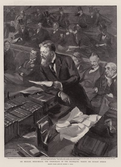 Sir Michael Hicks-Beach, finansministern, håller sitt budgettal av Sydney Prior Hall