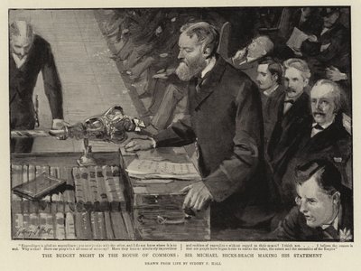 Budgetkvällen i underhuset, Sir Michael Hicks-Beach gör sitt uttalande. av Sydney Prior Hall