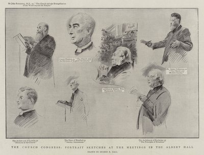 Kyrkokongressen, porträttskisser vid mötena i Albert Hall litho av Sydney Prior Hall